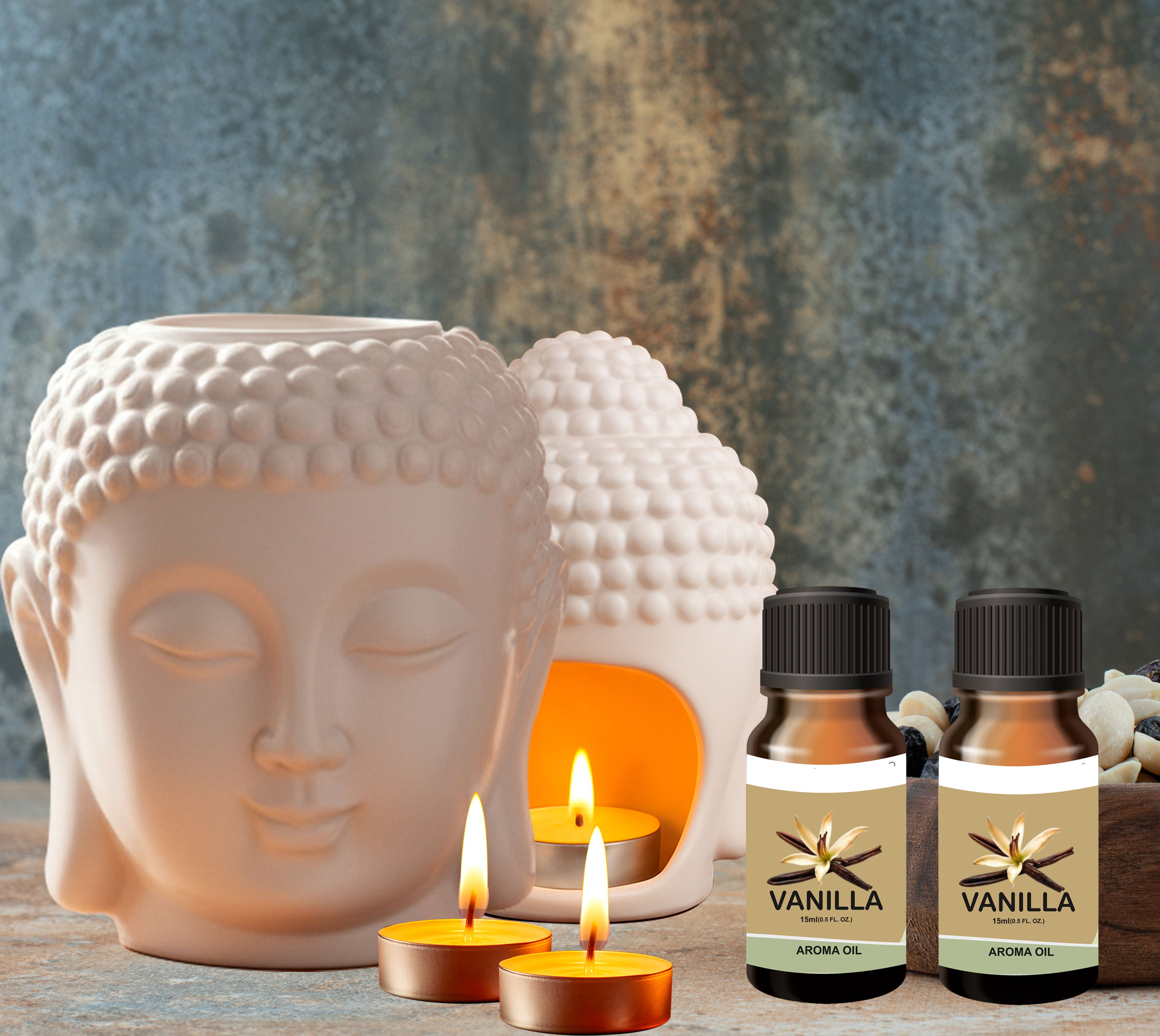 Peepalprint Premium Buddha Head Ceramic Aroma Oil Burner | T-Light Holder 2Vanilla(15ml ) Home Diffuser-picture-19