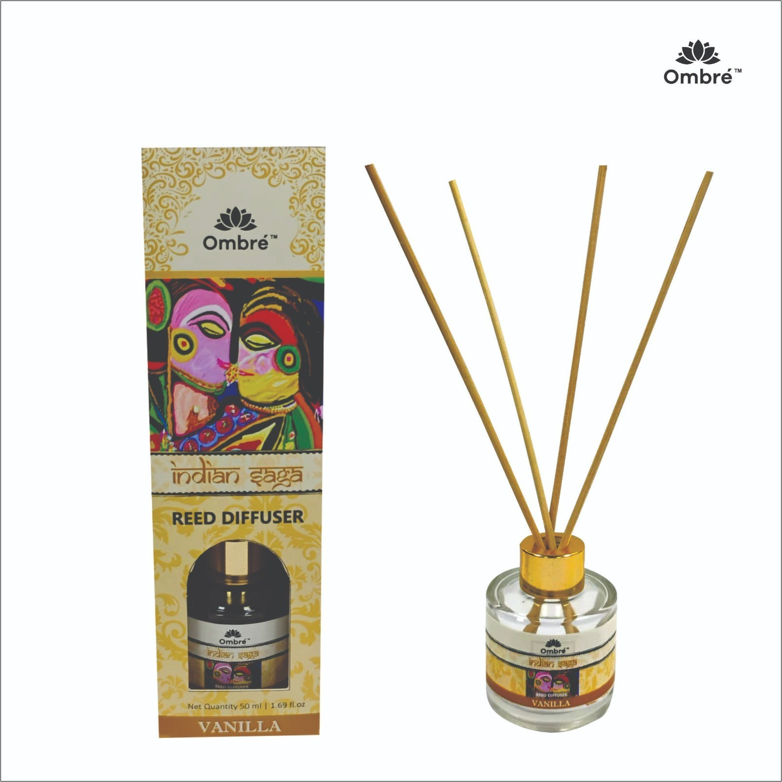 Ombre Glass Vanilla Reed Diffuser Set (50ml) with 4 Natural Reed Sticks Ideal for Office Cabins, Room, Washrooms, Cubicles, Stores ,, Reception Area Etc.. Diffuser image 1