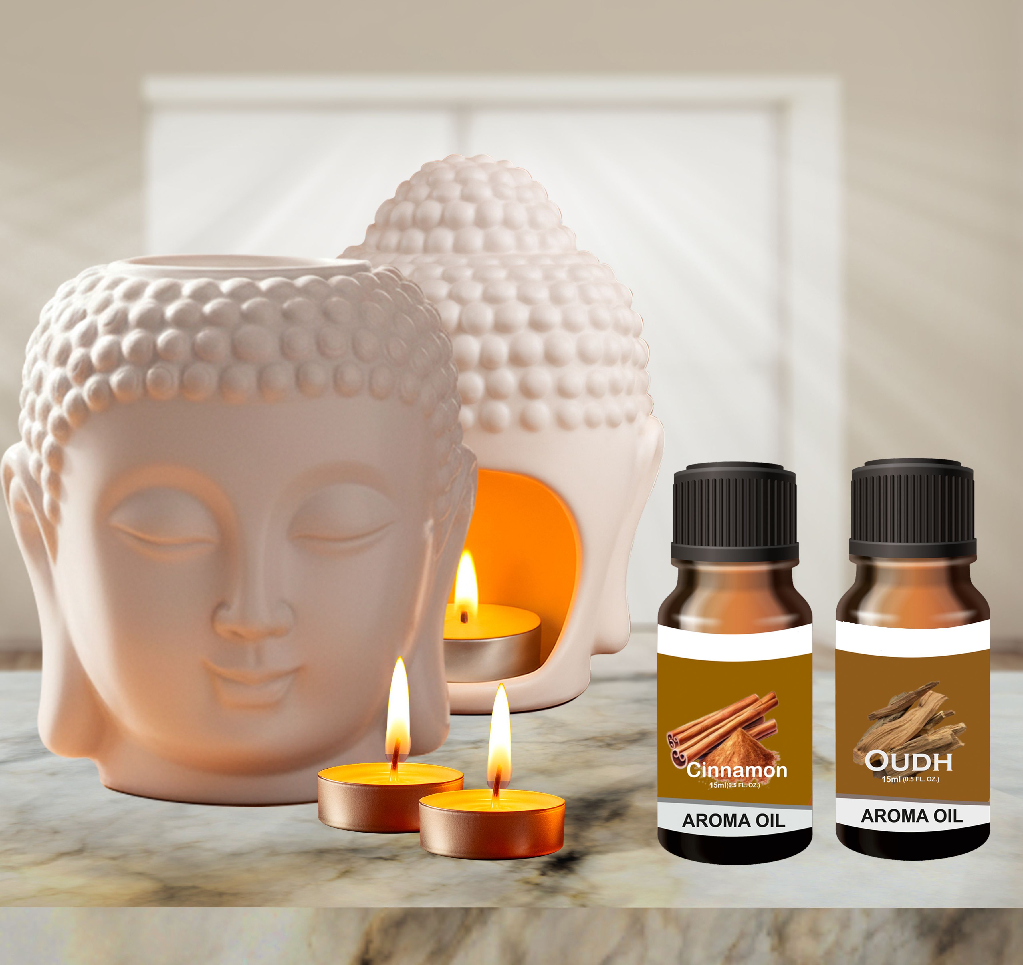 Peepalprint Premium Buddha Head Ceramic Aroma Oil Burner | T-Light Holder Cinna+Oudh(15ml ) Home Diffuser-picture-27