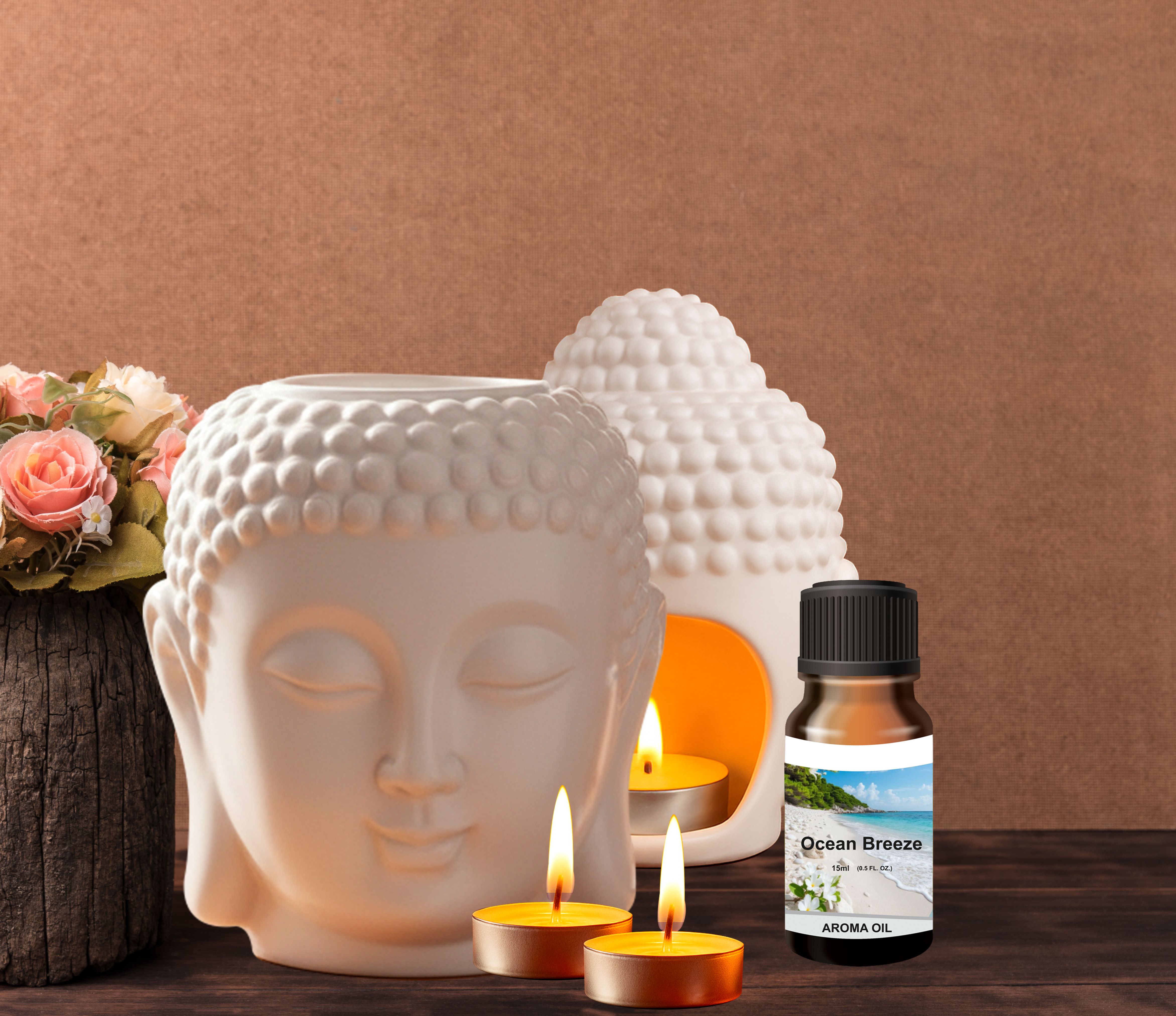 Peepalprint Premium Buddha Head Ceramic Aroma Oil Burner | T-Light Holder 1Ocean(15ml ) Home Diffuser-picture-17