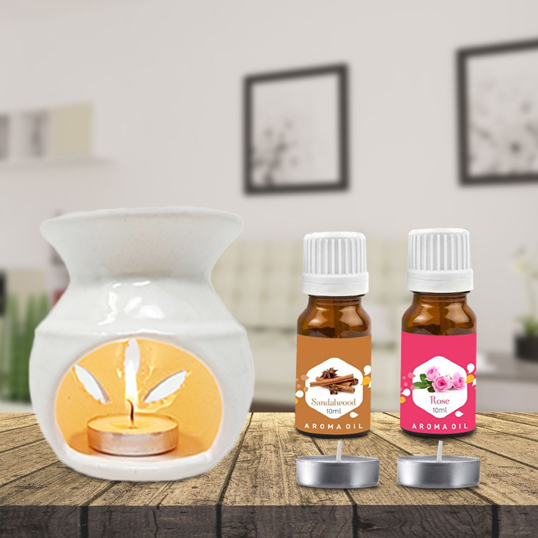 PEEPRESION White Ceramic Aroma Oil Burner With Rose & Sandalwood Aroma Oil(10ml Each) Home, Office, Spa, Hotel, Club, Gym, Conference Hall, Meeting Room Diffuser-picture-44