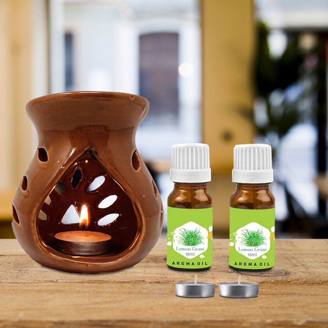 PEEPRESION Long Burning Ceramic Aroma Burner Brown Color with Lemongrass Oil(10ml Each) Home, Office, Spa, Hotel, Temple, Club, Gym Diffuser-picture-13
