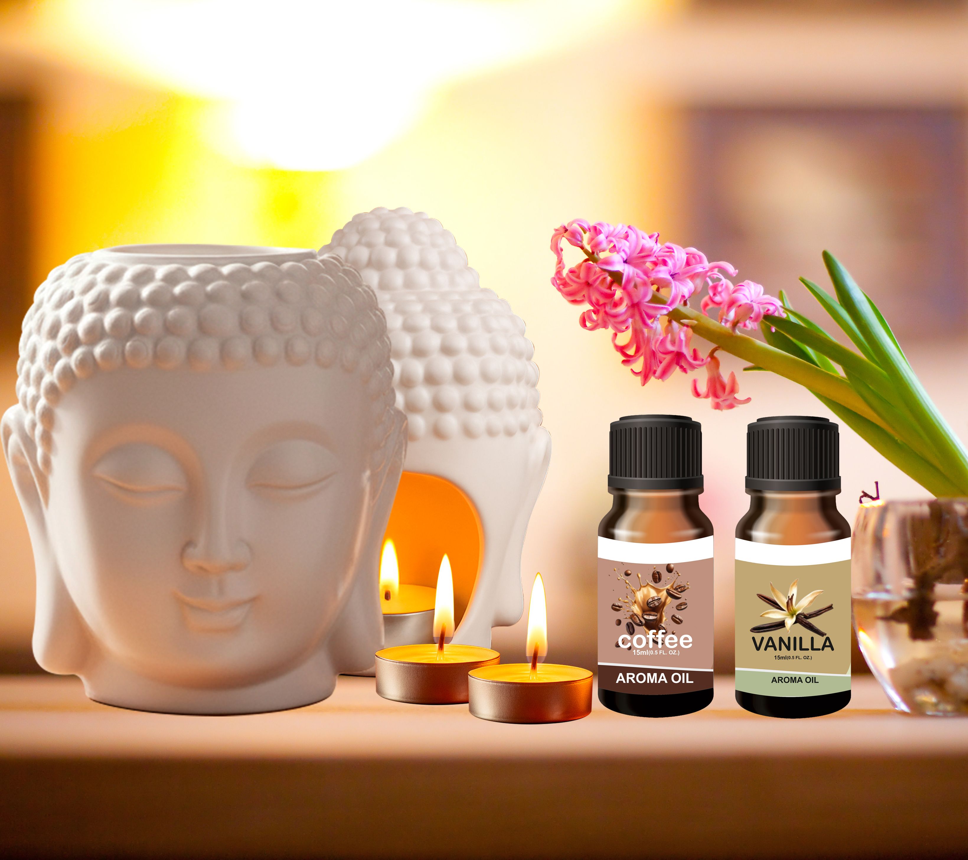 Peepalprint Buddha Head Ceramic Aroma Oil Burner | T-Light Holder Coffee+Vanilla(15ml ) Home Diffuser-picture-40