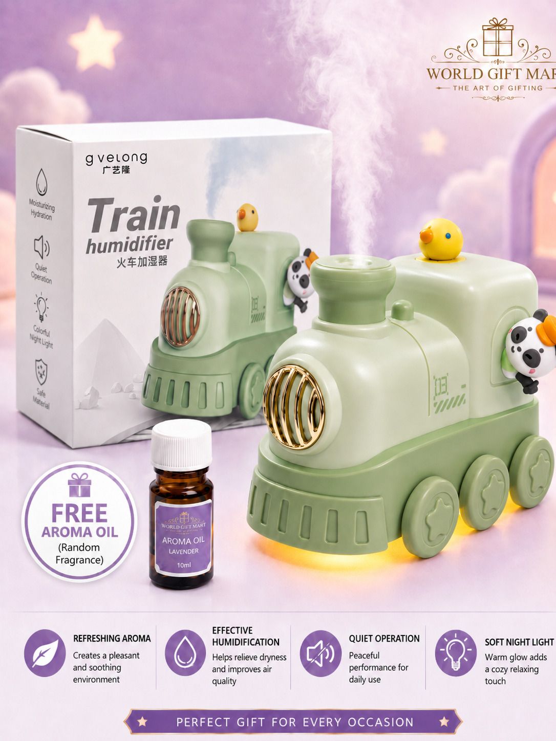 World Gift Mart Panda Train Humidifier with LED Night Lamp& Aroma Diffuser| Free Aroma Oil 10ml Room Air Purifier Diffuser-picture-15