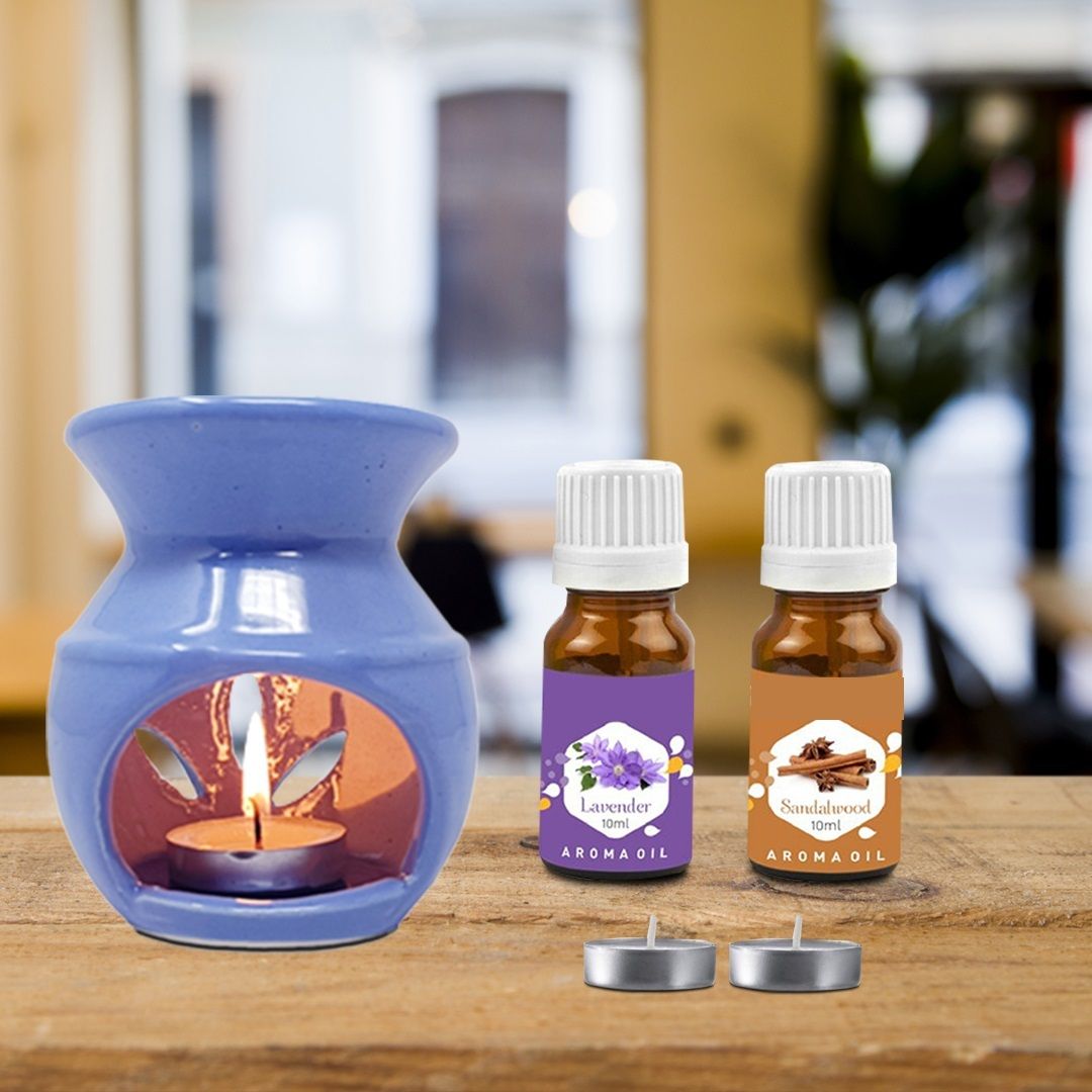 PEEPRESION Air Fragrance Ceramic Aroma Oil Burner+Lavender And Sandalwood Oil(10ml Each) Home, Office, Spa, Hotel, Temple, Club, Pub Bar, Gym, Bed Room Diffuser-image-1