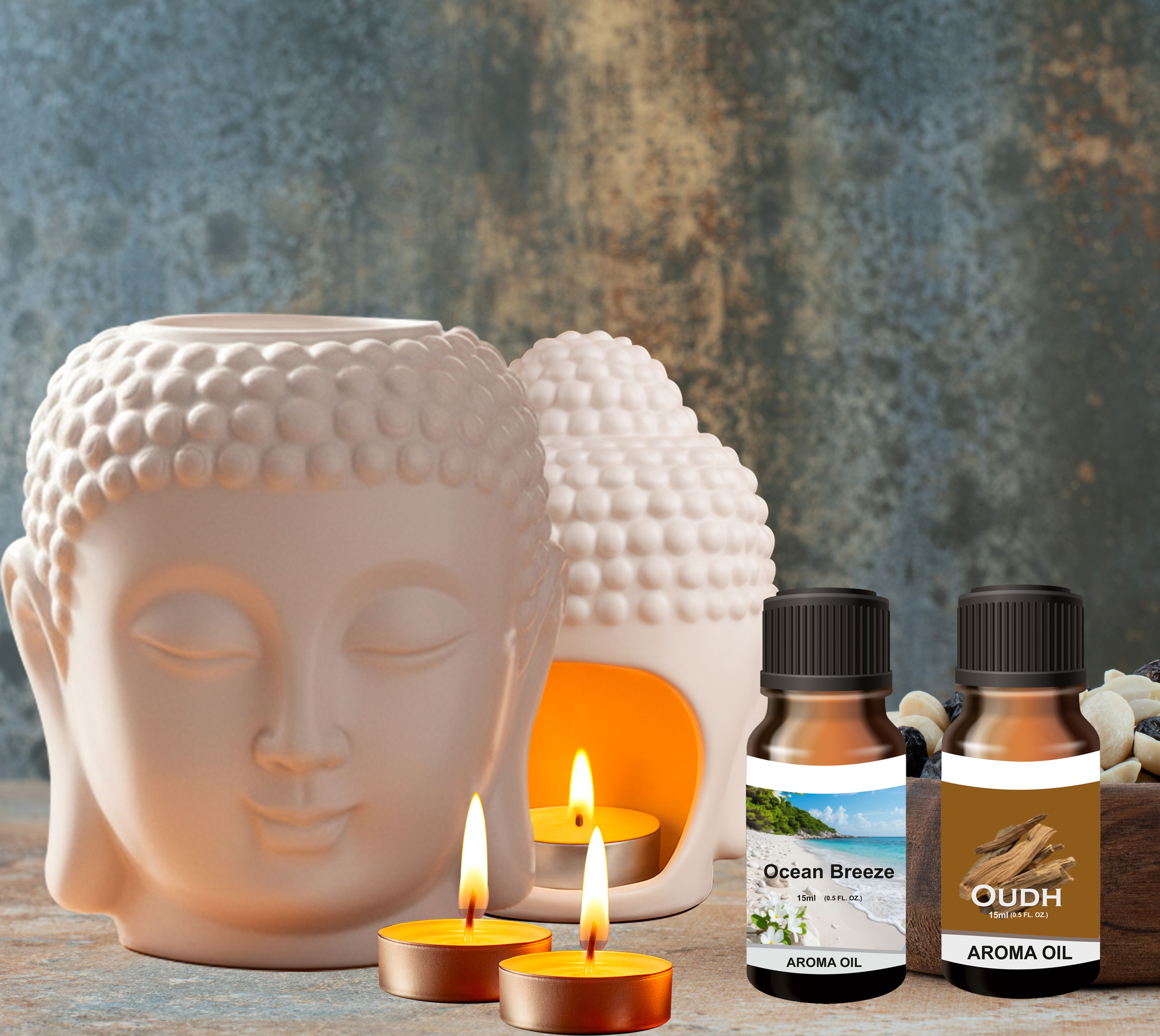Peepalprint Premium Buddha Head Ceramic Aroma Oil Burner | T-Light Holder Oudh+Ocean(15ml ) Home Diffuser-picture-28