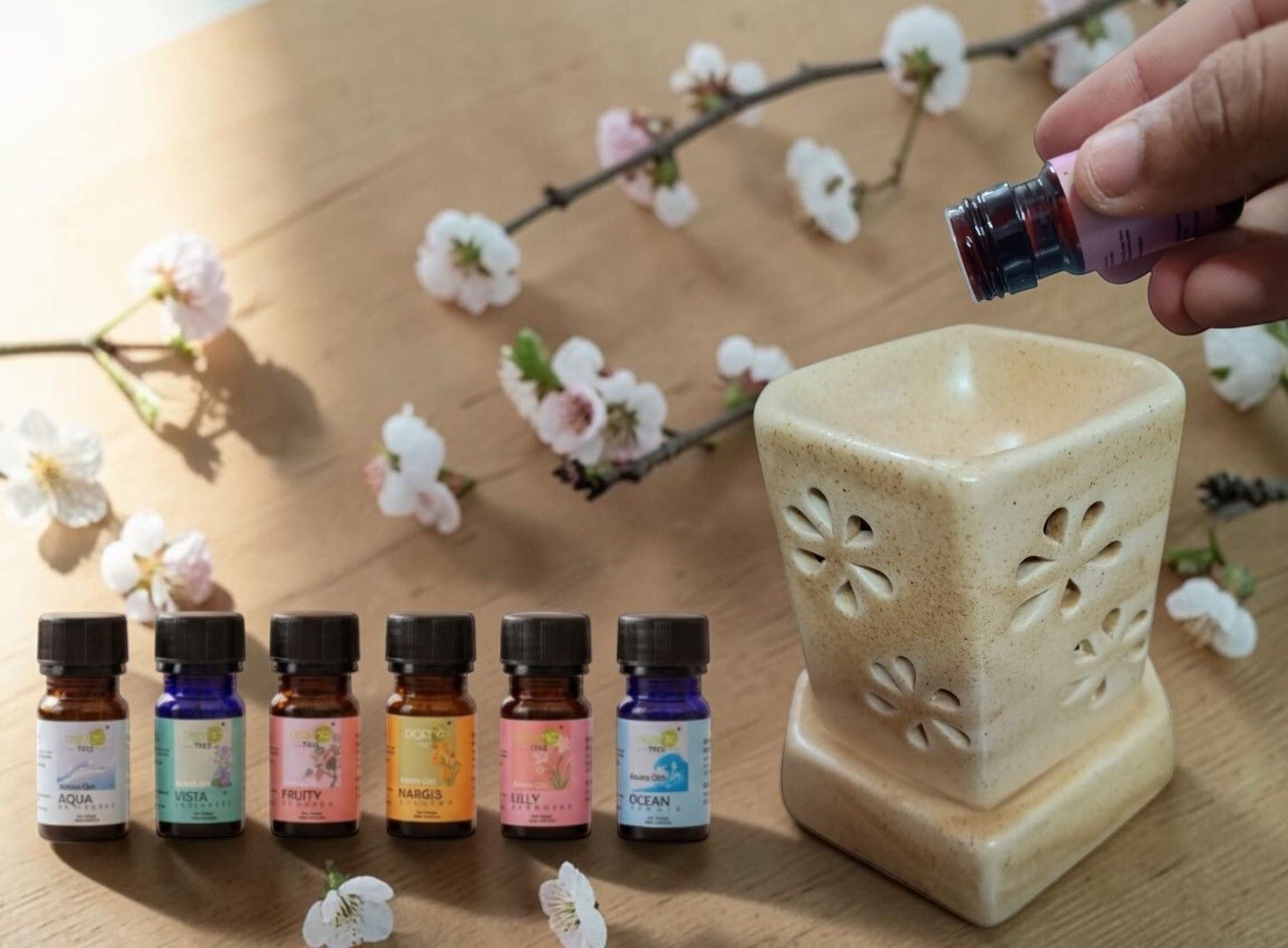 ANI DIVINE Handcrafted Beige Electric Aroma Diffuser Trapezoidal Style with 6 Pc 20ml Essential Oil Diffuser-image-4