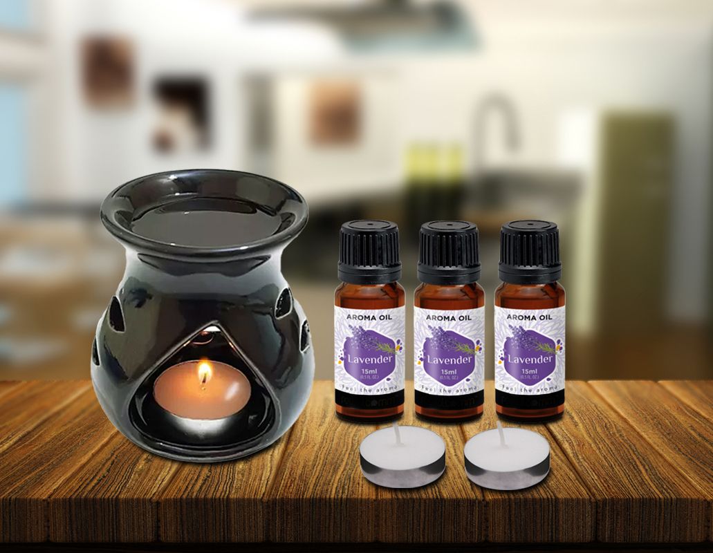PEEPRESION Ceramic Aroma Black Oil Burner With 2 T-light Candle & 3 Lavender Aroma Oil Home, Office, Spa, Hotel, Temple, Club, Pub Bar, Gym Diffuser-picture-19