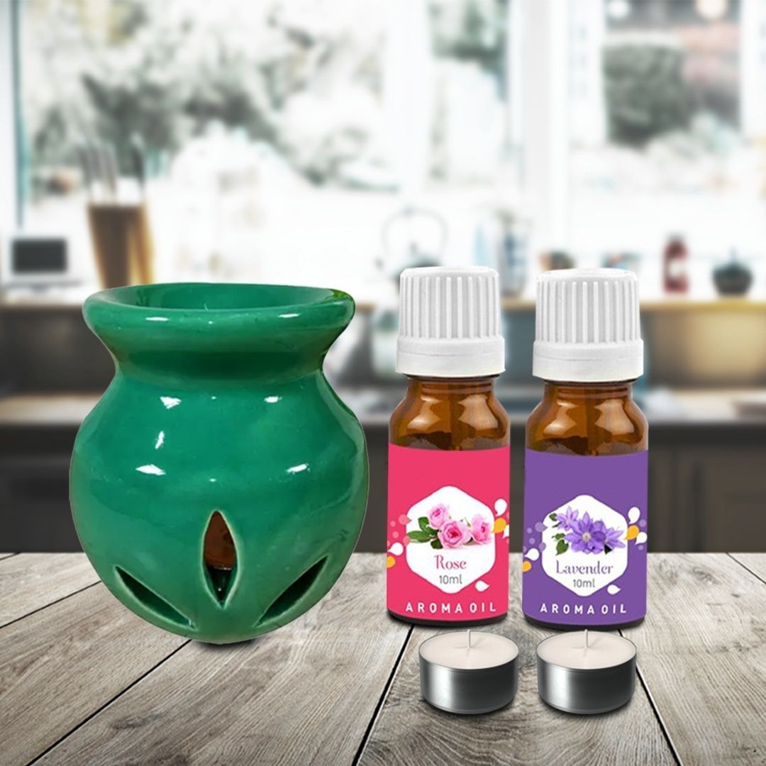 PEEPRESION Green Ceramic Oil Burner With Rose, Lavender Aroma oil (10ml Each) Scented Air Diffuser Uses For Home, Office, Club, Studio, Conference Hall, Study Table Diffuser-image-0