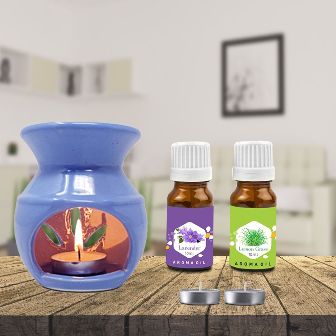 PEEPRESION Ceramic Aroma Blue Diffuser Burner with 10ml Aroma Oil & 2 Pcs Candles Home, Office, Spa, Hotel, Temple, Club, Pub Bar, Gym, Bed Room Diffuser-image-26