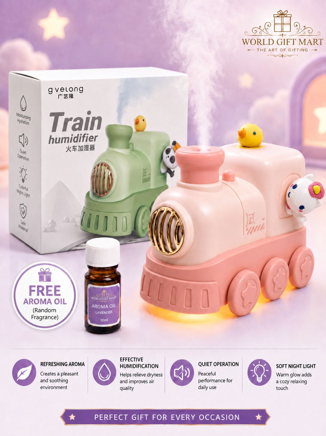 World Gift Mart Cute Train Humidifier with LED Night Light & Aroma Diffuser|Free 10ml Aroma Oil Room Air Purifier, Kids Study Diffuser-image-6