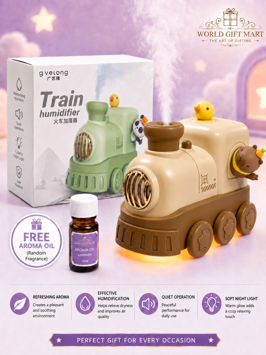 World Gift Mart Cute Train Humidifier with LED Night Light & Aroma Diffuser|10ml Aroma Oil Free Room Air Purifier Diffuser-picture-43