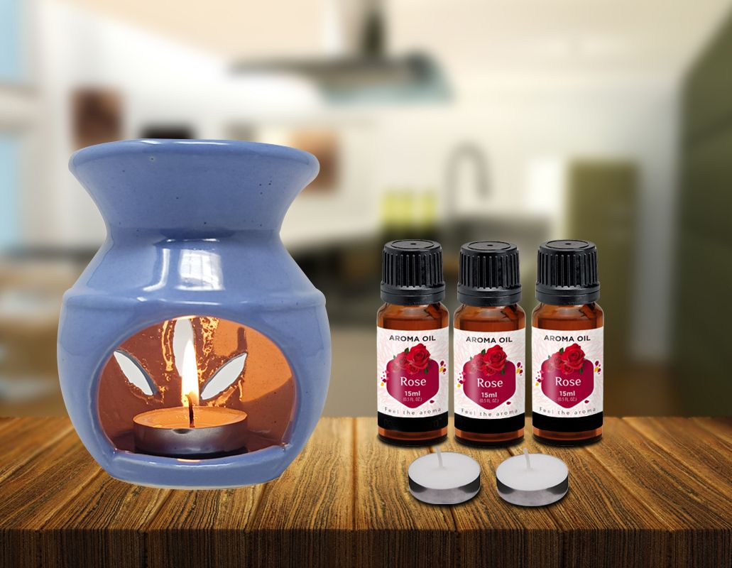 PEEPRESION New Pot Burner With 2 T-light Candle & 3 Rose Scented Aroma Oil (15ml Each) Home, Office, Spa, Hotel, Temple, Club, Pub Bar, Gym, Bed Room Diffuser-image-45