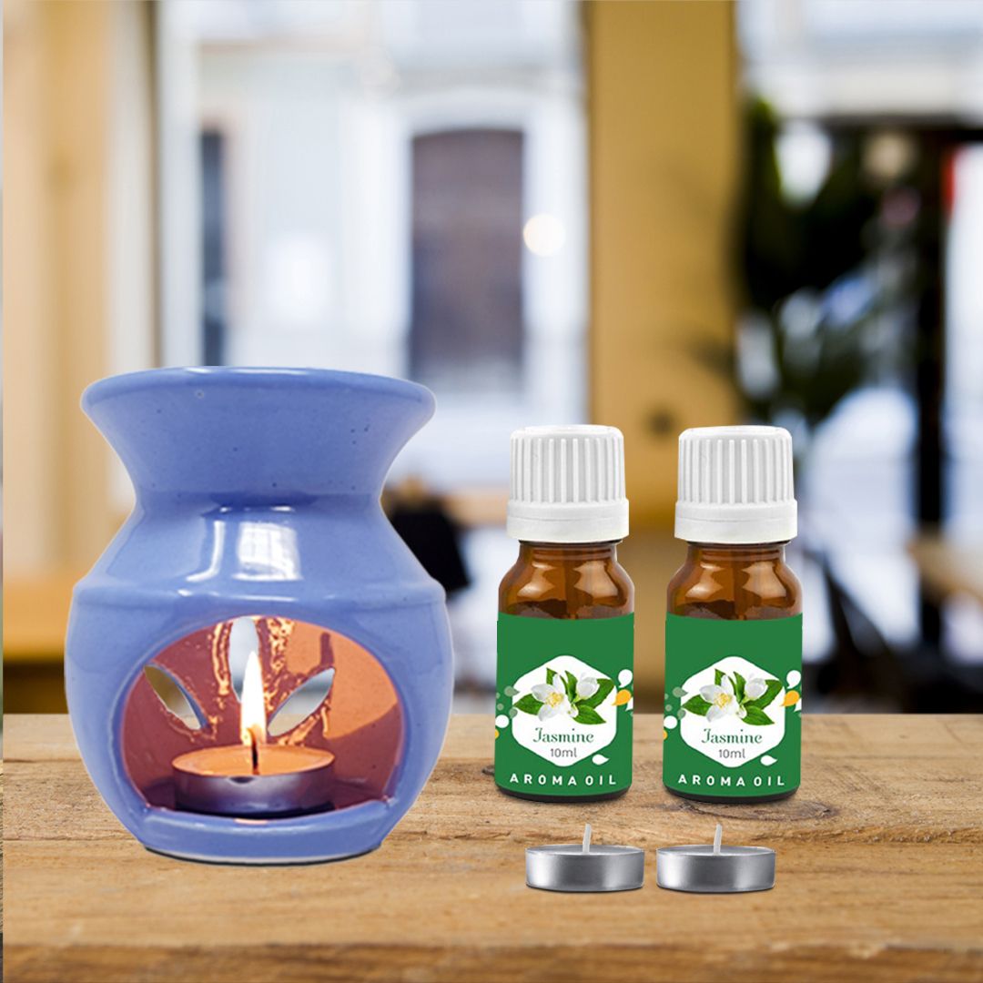 PEEPRESION Ceramic Aroma Diffuser Oil Burner with Jasmine Aroma Oil & 2 T-Light Candles for Home, Office, Spa, Hotel, Temple, Club, Pub Bar, Gym, Bed Room Diffuser-image-20