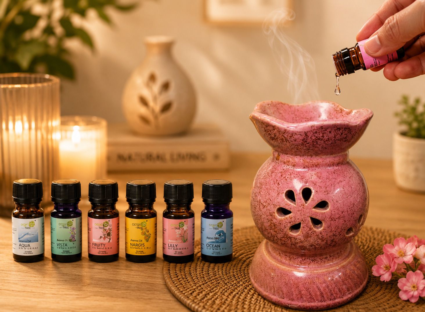 SriMaa Ventures Handmade Luxury Pink Ceramic Aroma Oil Diffuser with 6 Pc 20ml Essential Oils Diffuser-image-15