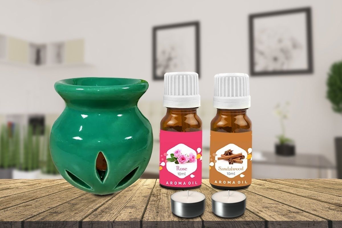 PEEPRESION Green Home Fragrance Burner With Rose, Sandalwood Scented Aroma oil (10ml Each) Scented Air Diffuser Uses For Pub Bar, Office, Club, Studio, Conference Hall, Study Table Diffuser-image-6