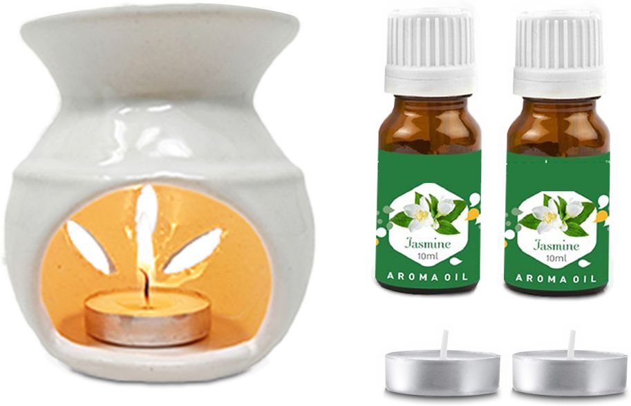 PEEPRESION Ceramic White Oil Burner Diffuser With 2 candles & 2 Jasmine Aroma Oil 10ml Each Scented Air Diffuser For Home, Office, Club, Studio, Bathroom, Study Table Diffuser-image-30