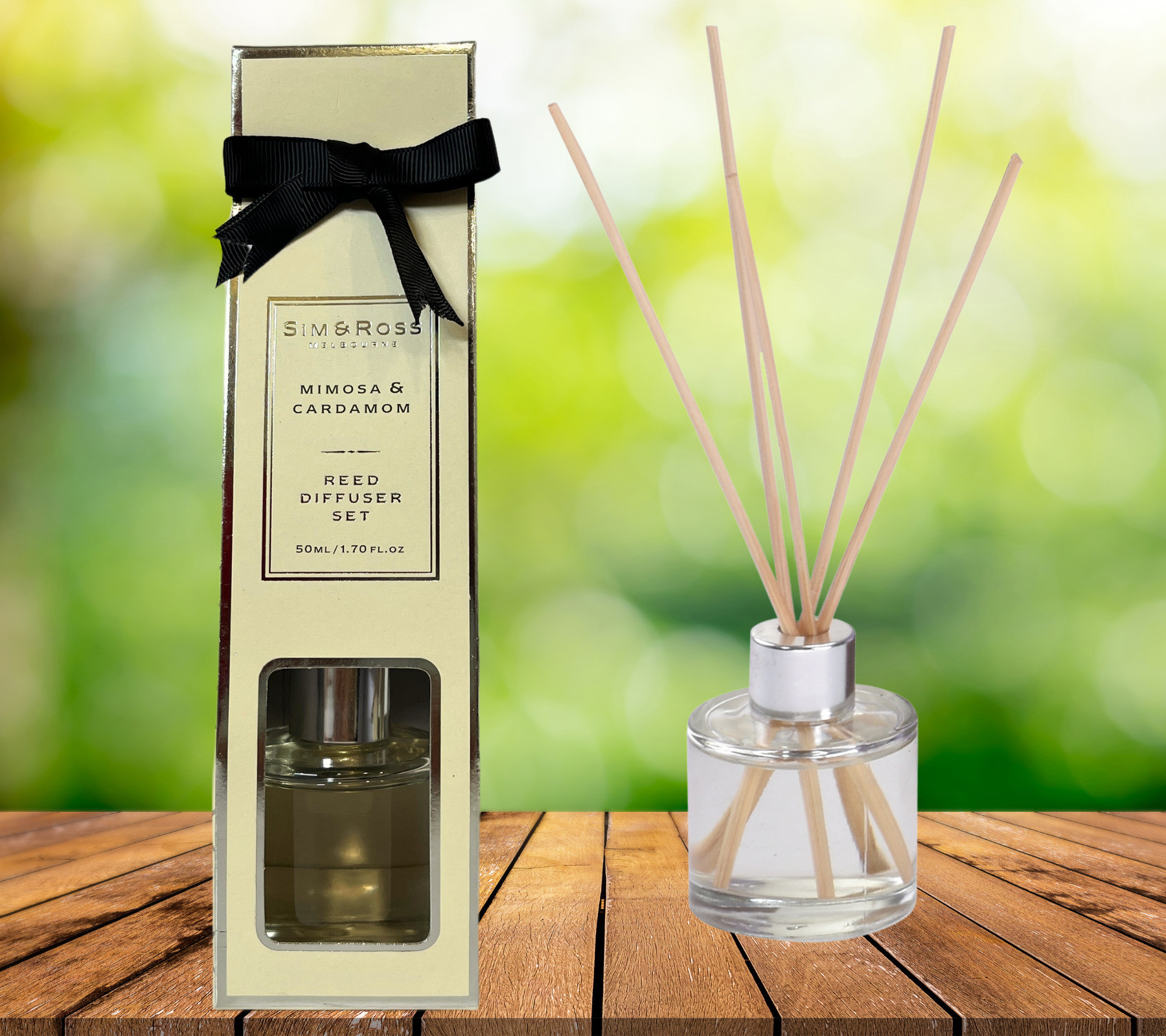 Sim & Ross | Mimosa & Cardamom Reed Diffuser Set | Includes 5 Wooden Reed Sticks | 50Ml | Toxin Free & Calming Effect, Room Freshener for Home, Bedroom, Bathroom Diffuser image 1