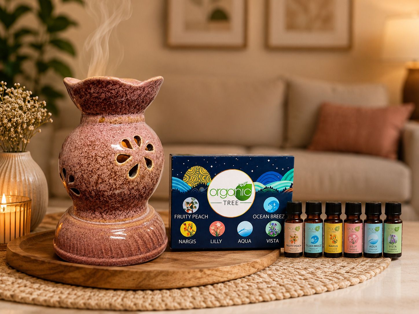 SriMaa Ventures Handcrafted Pink Aroma Diffuser Lamp with 10ml Set of 6 Essential Oils Diffuser-image-26