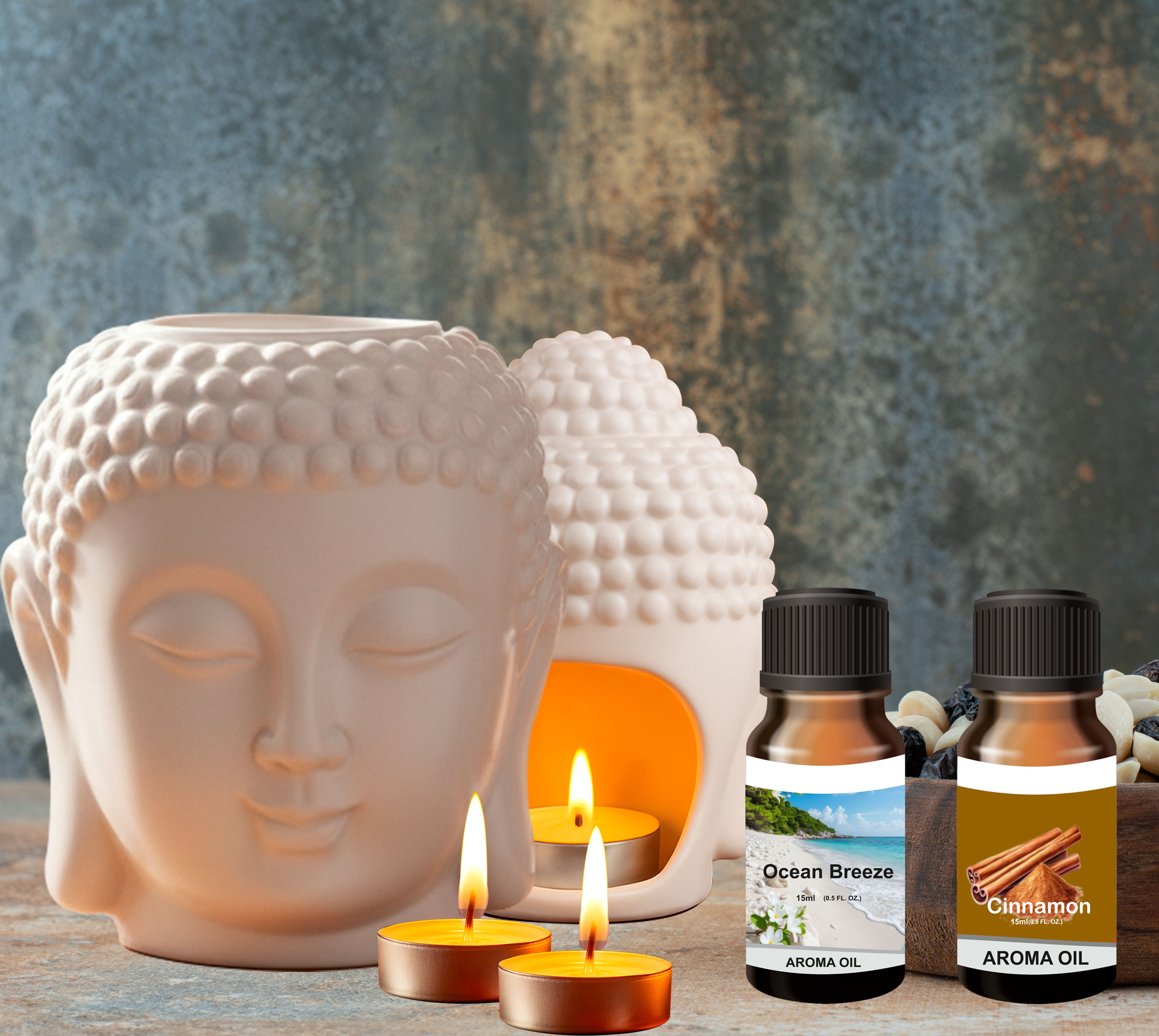 Peepalprint Premium Buddha Head Ceramic Aroma Oil Burner | T-Light Holder Cinna+Ocean(15ml ) Home Diffuser-picture-13