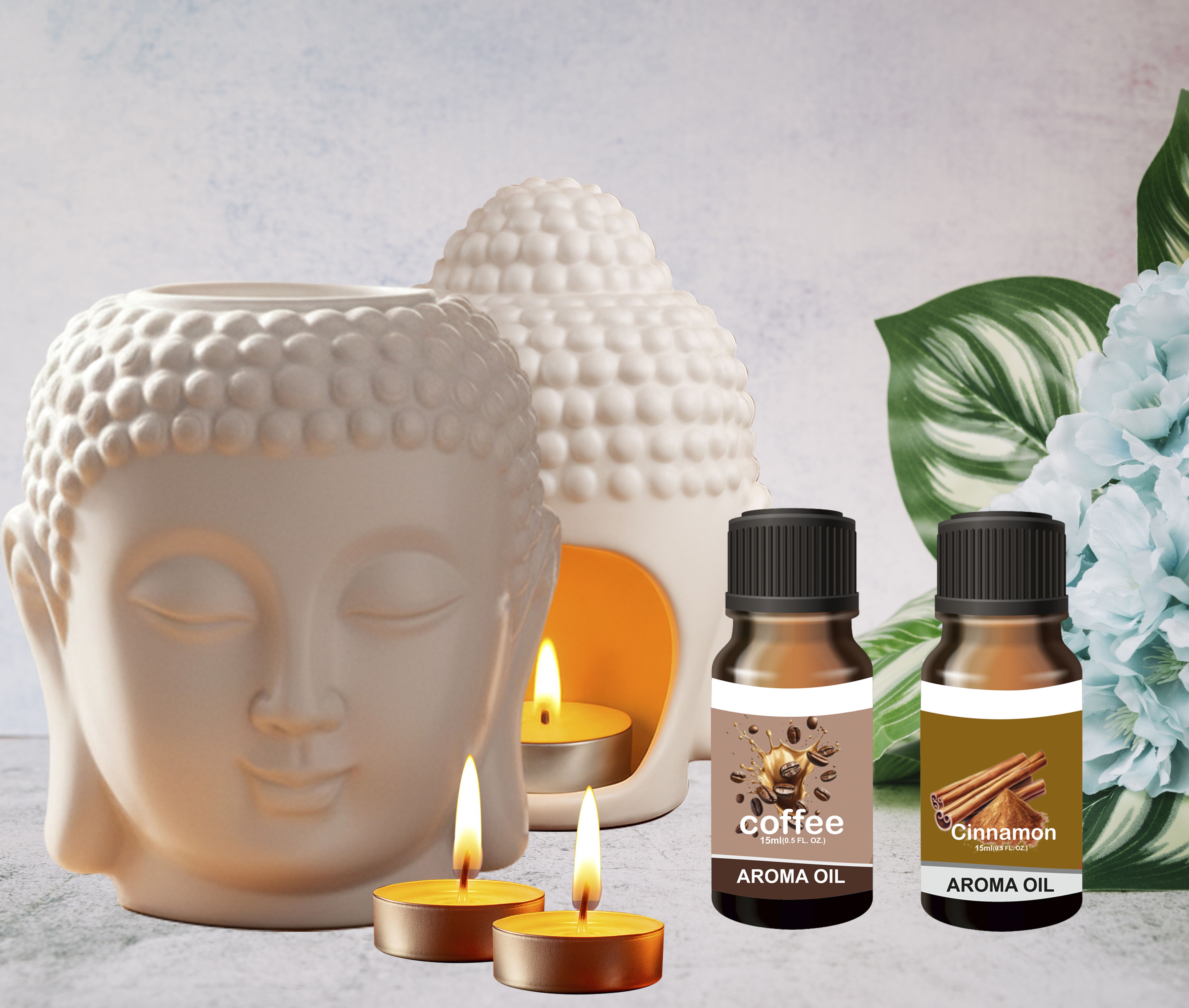 Peepalprint Buddha Head Ceramic Aroma Oil Burner | T-Light Holder Cinna+Coffee(15ml ) Home Diffuser-picture-42