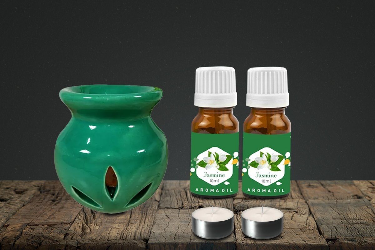 PEEPRESION Green Ceramic Aroma Diffuser With 2 jasmine Aroma oil (10ml Each) & 2 T-Light Scented Air Diffuser Uses For Home, Office, Club, Studio, Conference Hall, Meeting Room Diffuser-image-35