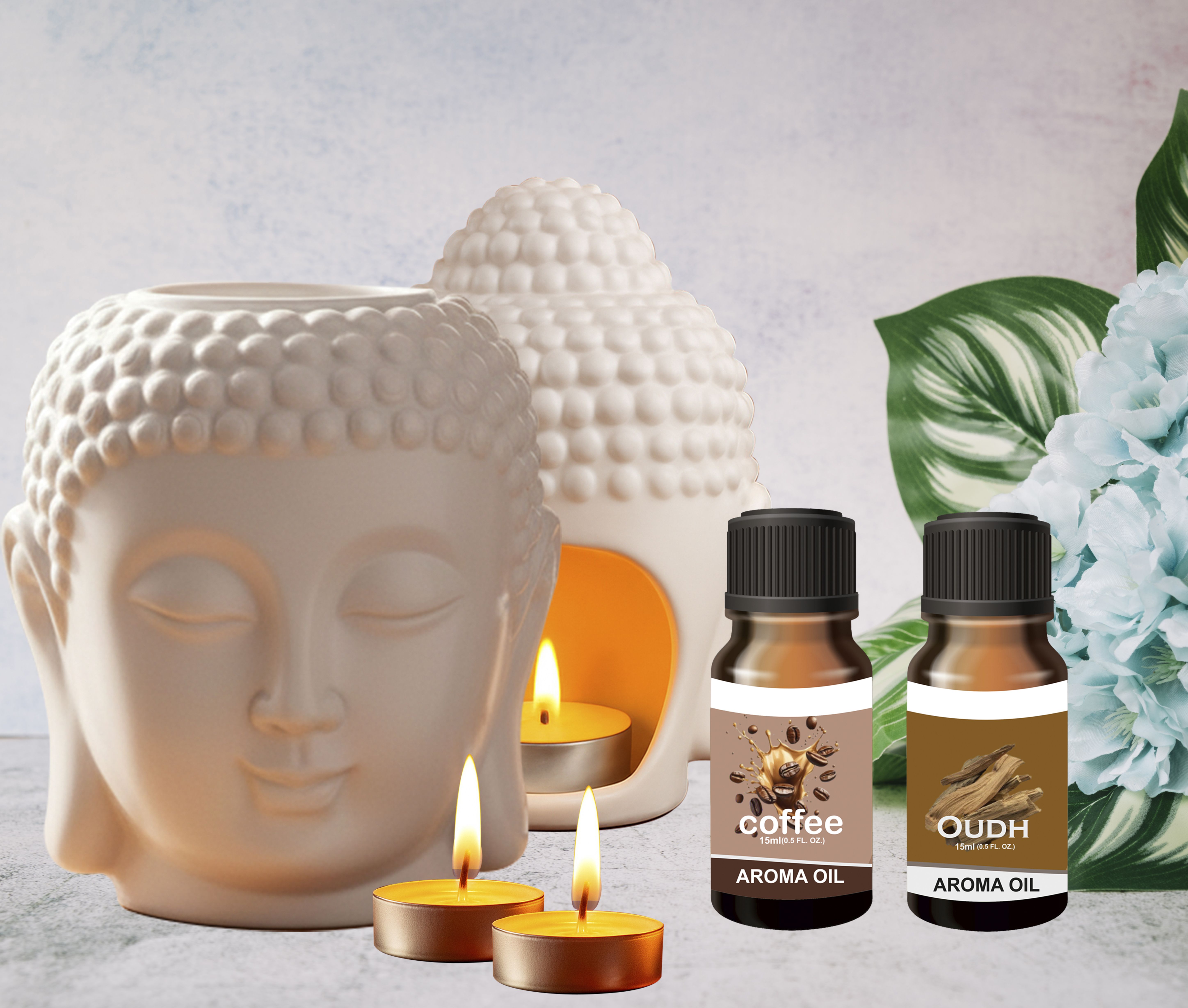 Peepalprint Premium Buddha Head Ceramic Aroma Oil Burner | T-Light Holder Coffee+Oudh(15ml ) Home Diffuser-picture-24