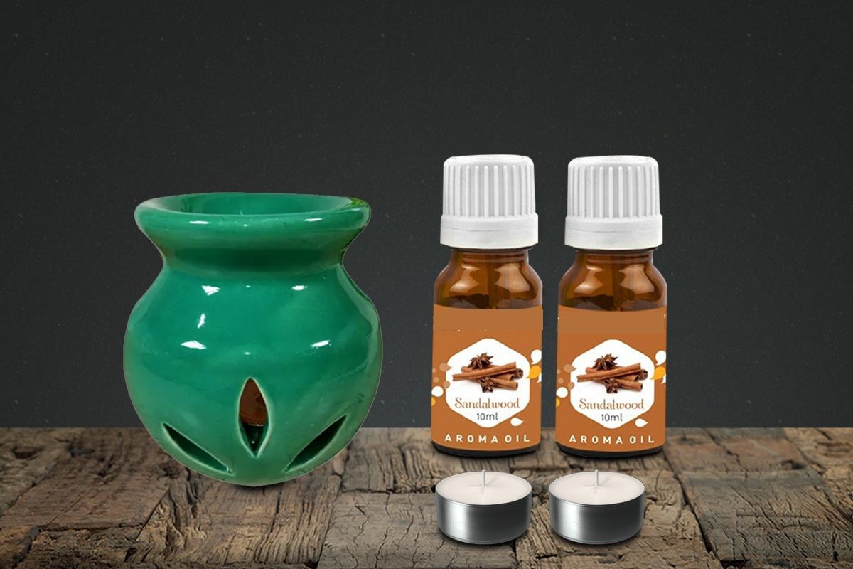PEEPRESION Green Air Diffuser Burner With 2 Sandalwood Scented Aroma oil (10ml Each) Scented Air Diffuser Uses For Pub Bar, Office, Club, Studio, Conference Hall, Study Table Diffuser-image-0