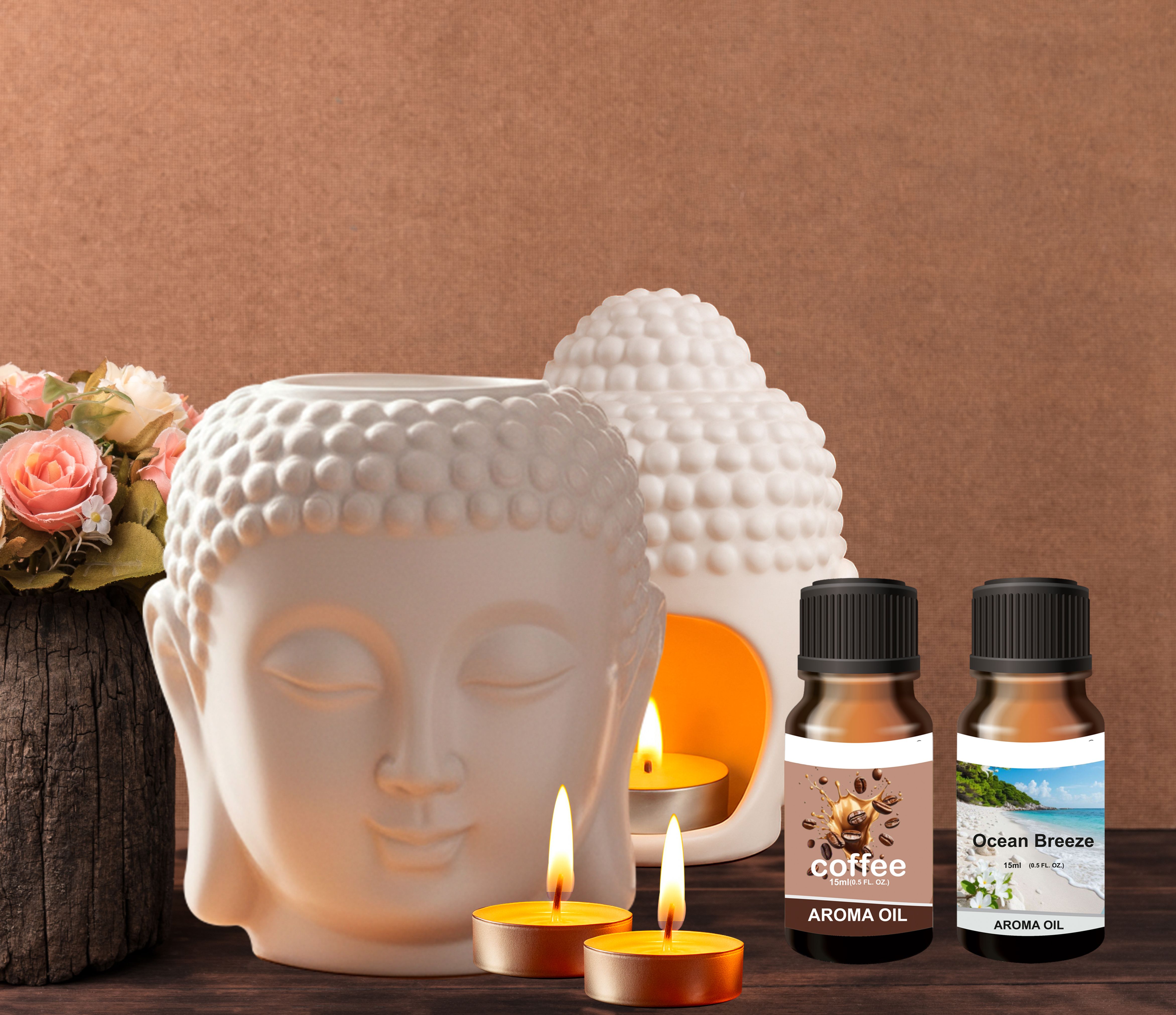 Peepalprint Buddha Head Ceramic Aroma Oil Burner | T-Light Holder Coffee+Ocean(15ml ) Home Diffuser-picture-46