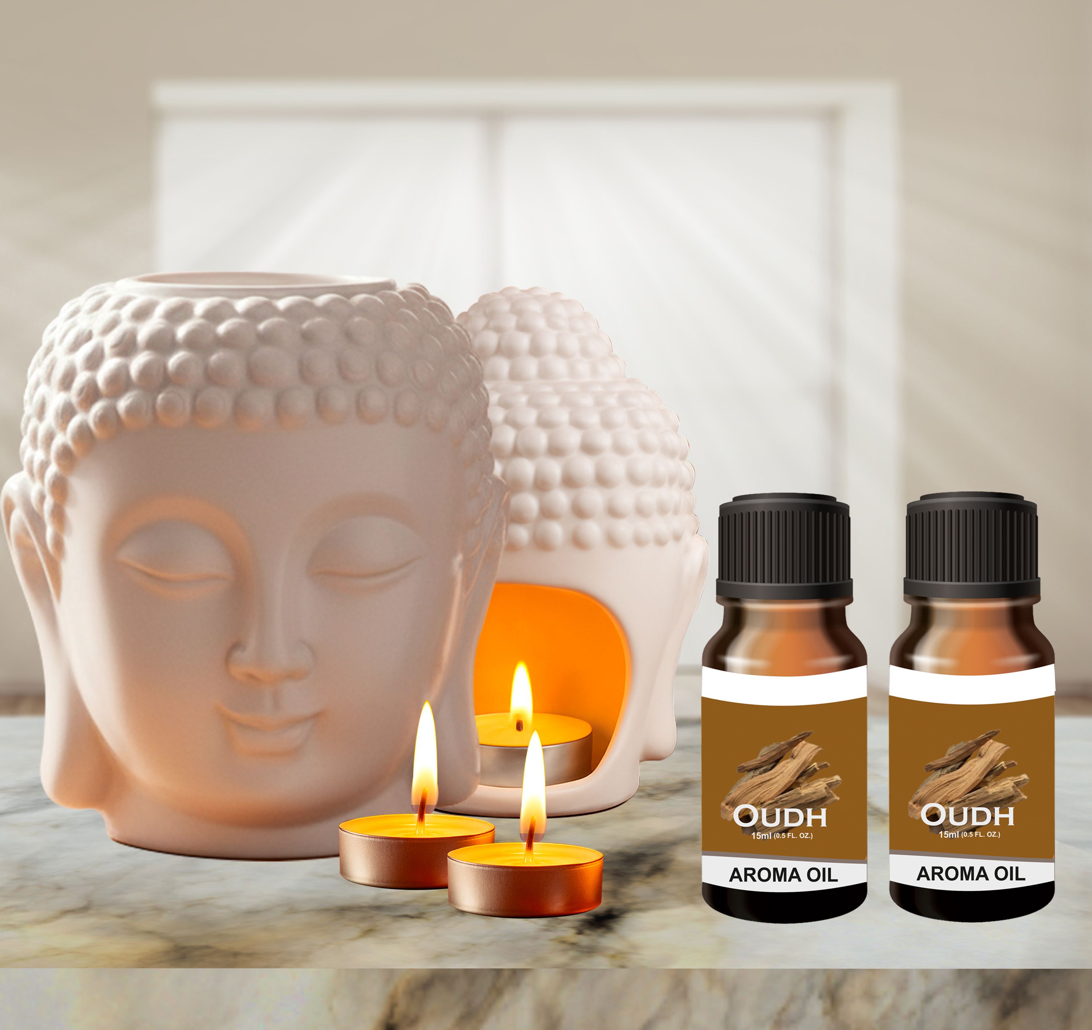 Peepalprint Premium Buddha Head Ceramic Aroma Oil Burner | T-Light Holder 2Oudh(15ml ) Home Diffuser-picture-47