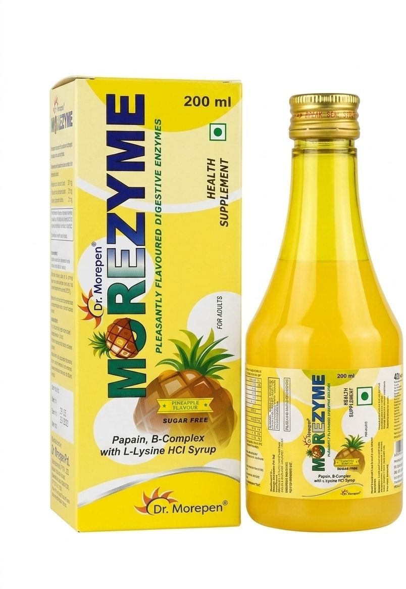 morezyme Digestive Enzyme Syrup Dr. Morepen | Papain, B-Complex & L-Lysine Pineapple Drink-picture-13