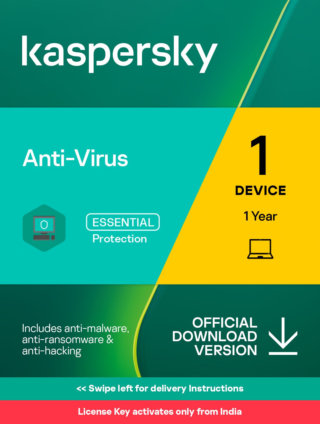 Kaspersky New Subscription 1 PC PC 1 Year Anti-virus (Email Delivery - No CD)