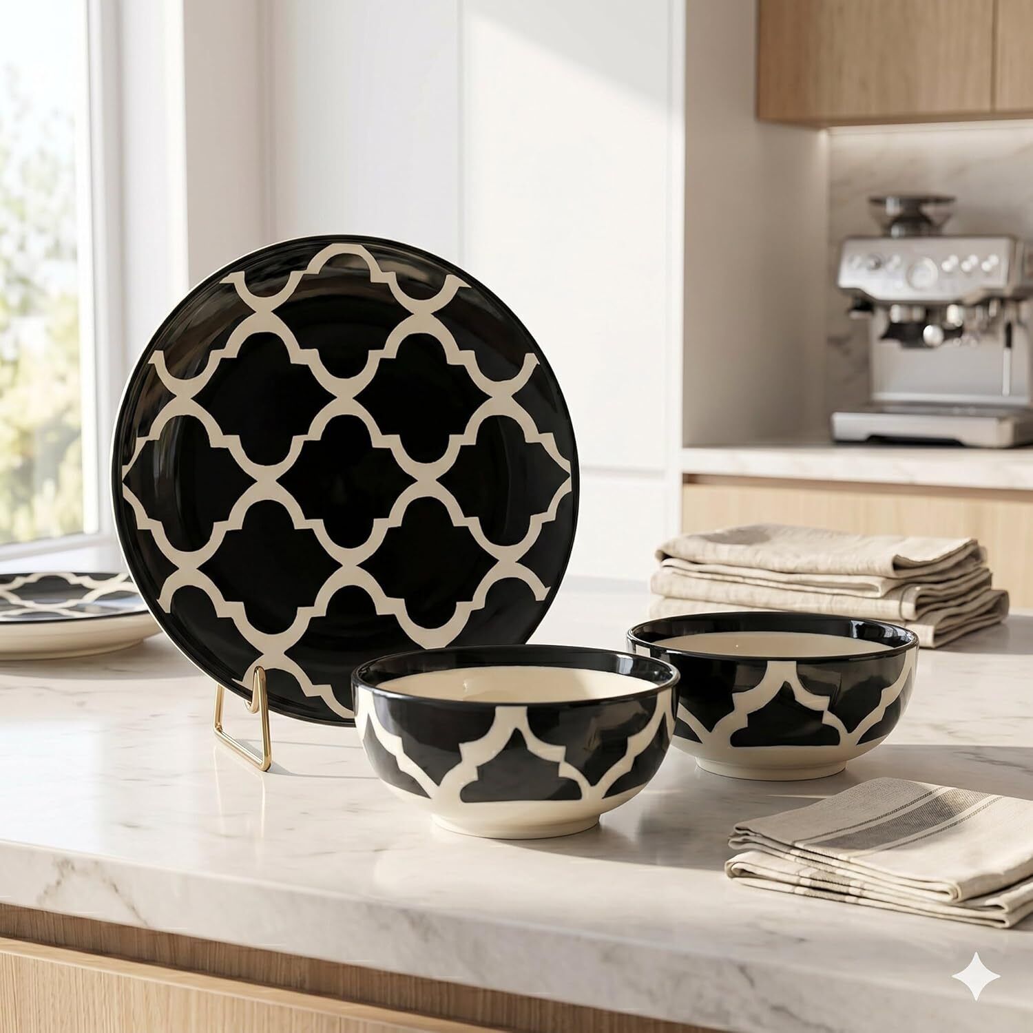 Pack of 3 Ceramic Moroccan Ceramic Dinnerware 1 Pcs 8" Dessert Plates & 2 Pcs Bowls Dinner Set-image-3