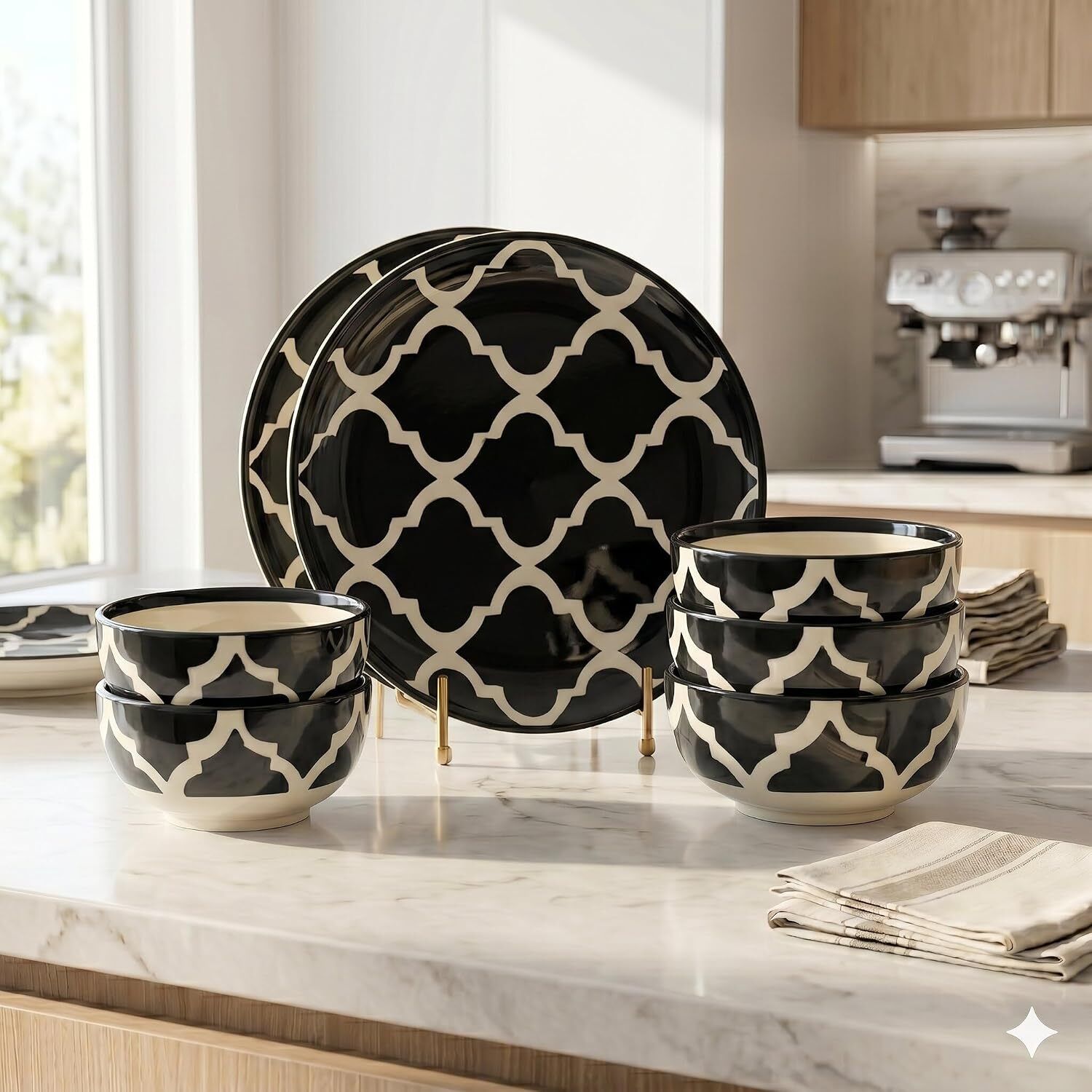 Pack of 6 Ceramic Moroccan Ceramic Dinnerware 1 Pcs 8" Dessert Plates & 4 Pcs Bowls Dinner Set-image-22
