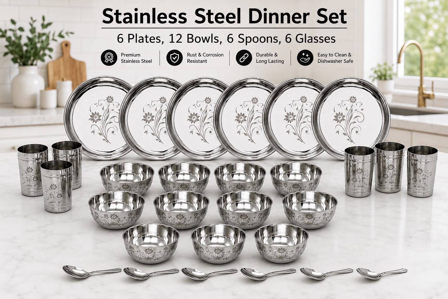swarn bhumi Pack of 30 Stainless Steel Serves 6 People|Permanent Laser Print Dinner Set-picture-47