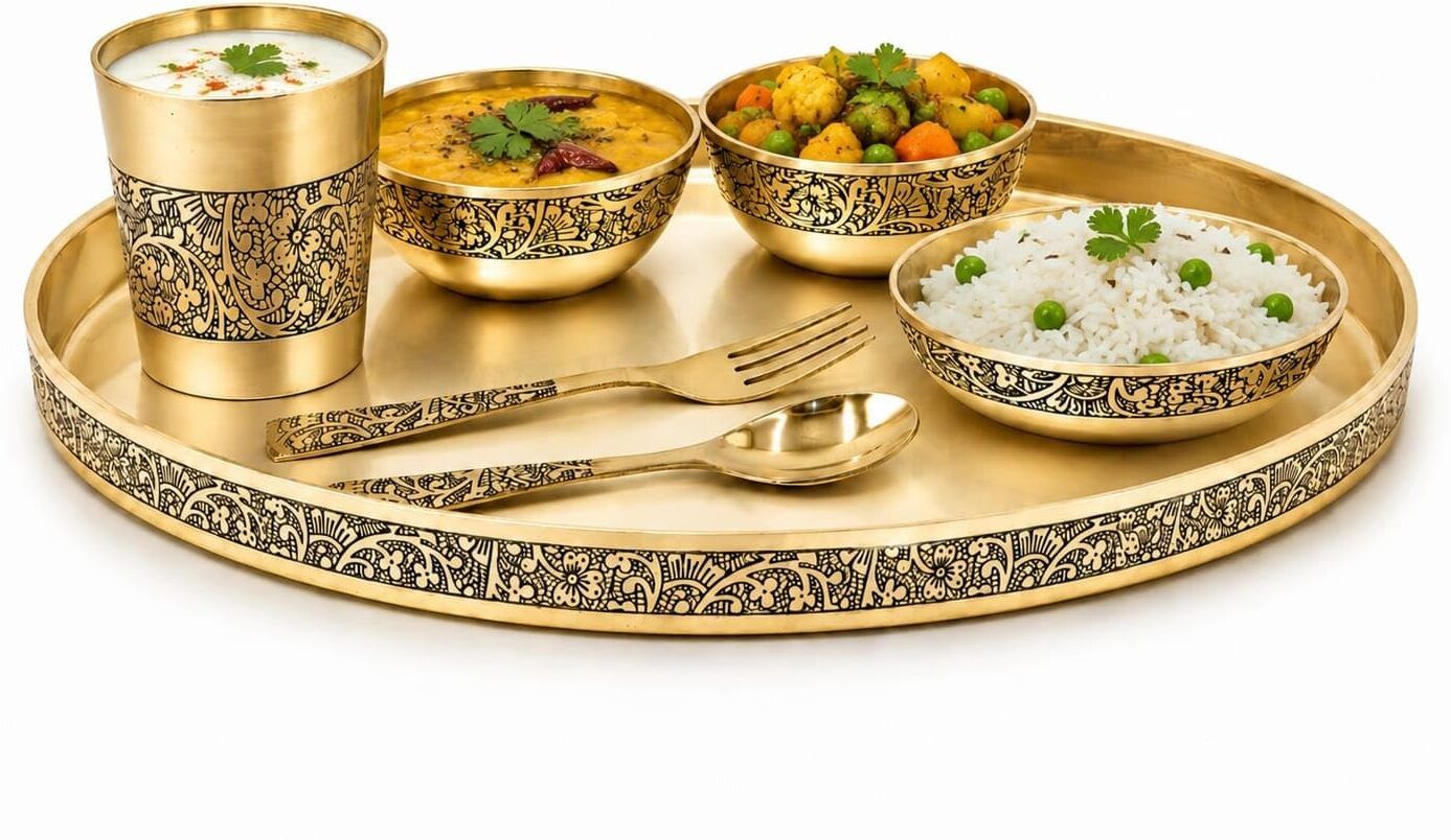 Pack of 7 Bronze Kansa Thali Set for 6 People Traditional Bronze Dinner Set with Plate & Utensils Dinner Set-image-30