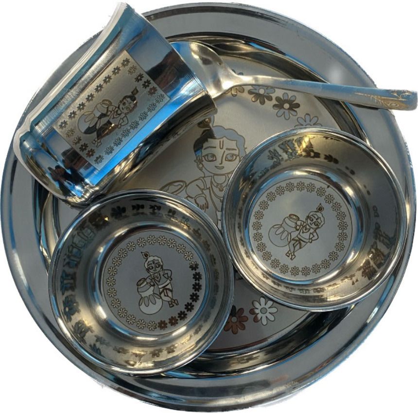 little me Pack of 5 Stainless Steel Krishna Printed Stainles Steel Dinner/Bhog Set Dinner Set-picture-14