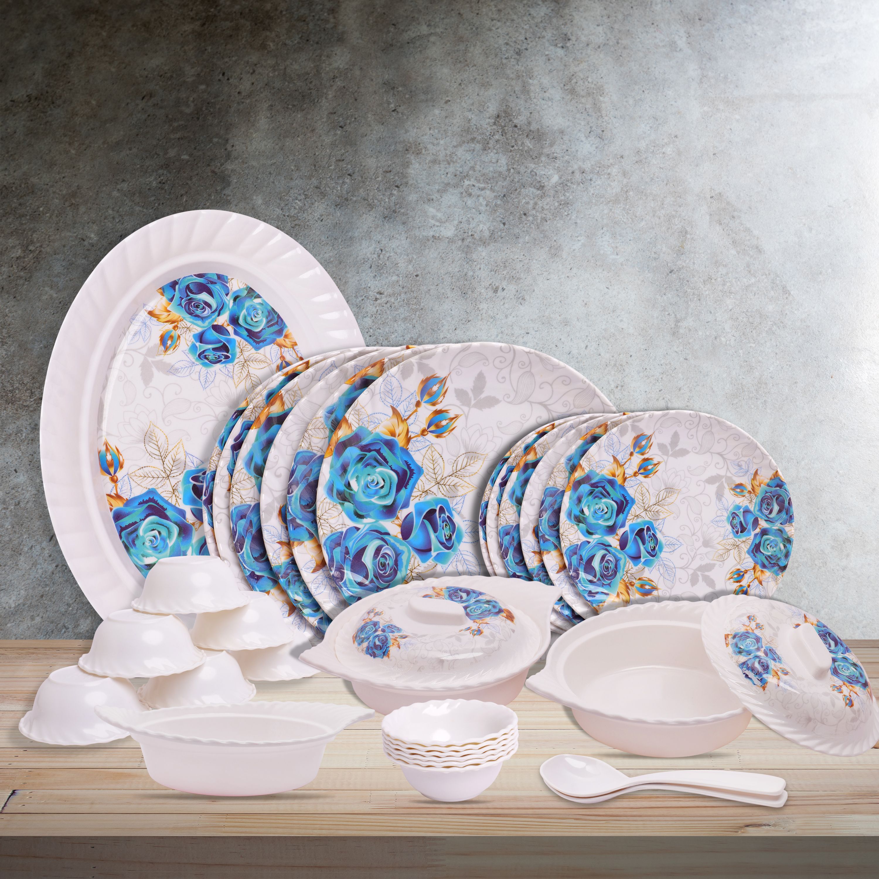 home-pro Pack of 32 Melamin Royal Lehar, Stain Resistant, Beautiful Blue Flower Design Crockery Dinnerware Dinner Set-picture-12