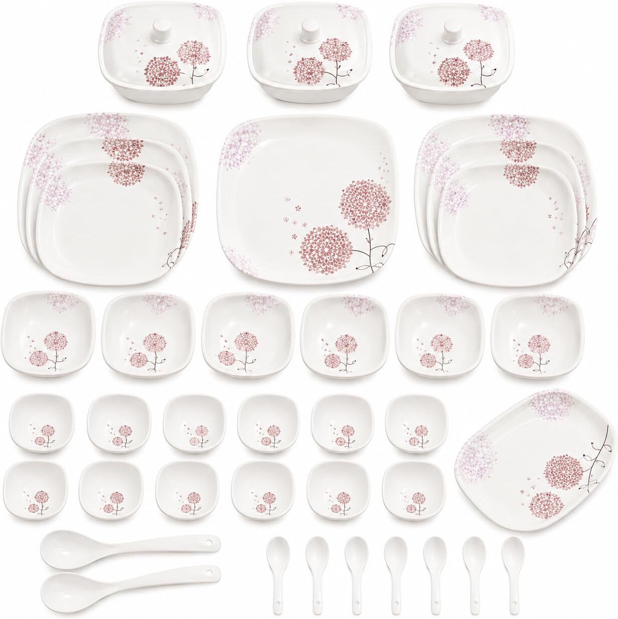 Pack of 40 Melamin Blush Bloom Melamine Dinner Set | White & Pink Floral Dinner Set-image-2