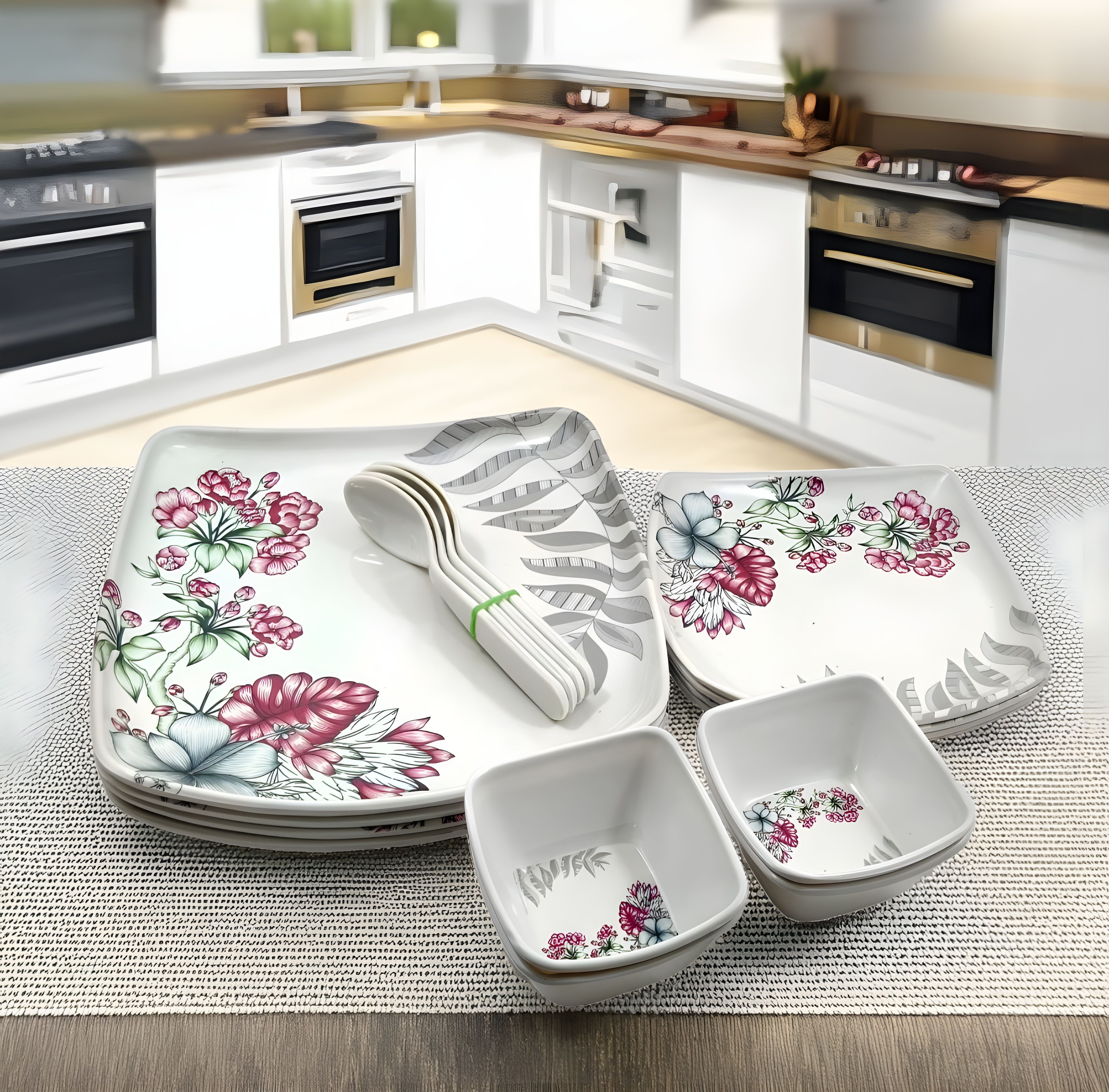 simply serve Pack of 16 Melamin Lightweight Dinner set | 4 Full Plates, 4 Half Plates, 4 Bowls 4 Spoons Dinner Set-picture-18