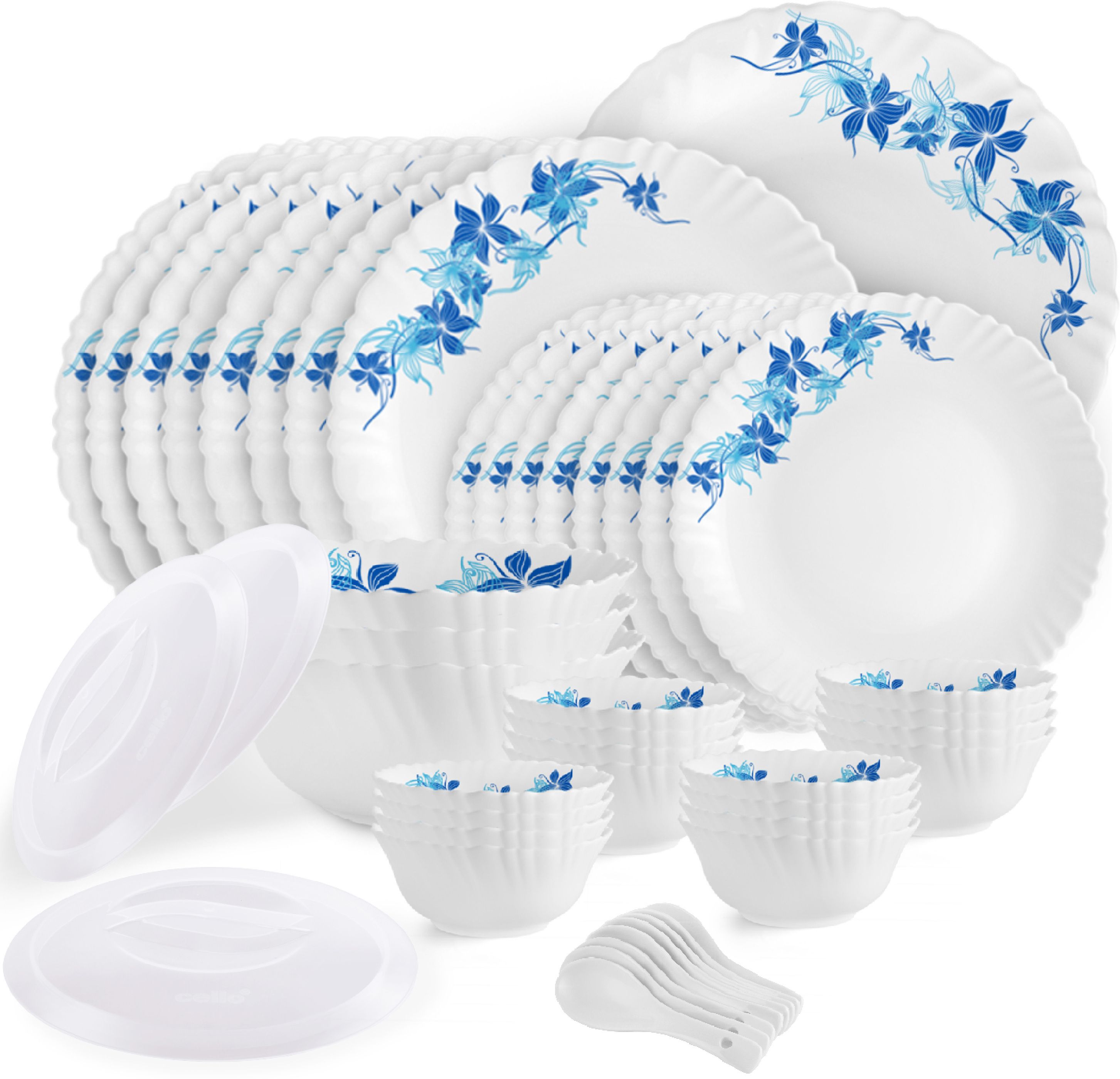 Pack of 47 Opalware Dazzle Series Blue Swirl Crockery Set | Dishwasher Safe | Light-Weight Dinner Set