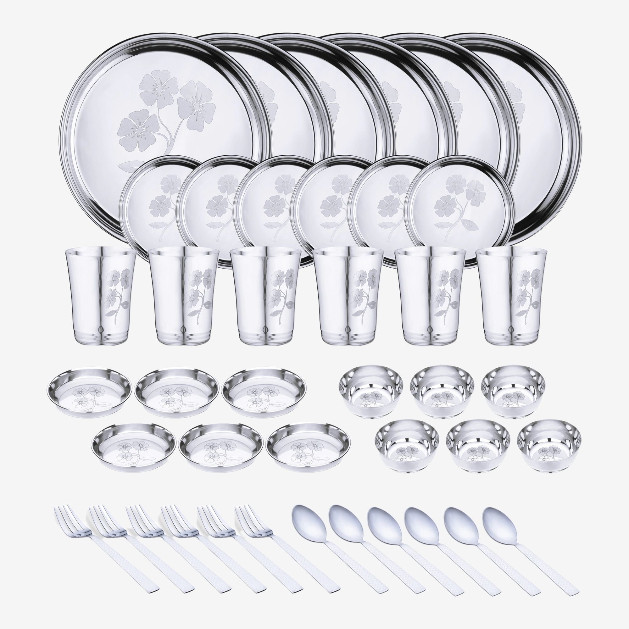 limetro steel Pack of 42 Stainless Steel Laser Printed Flawer Design (Serves 6) Dinner Set-picture-15