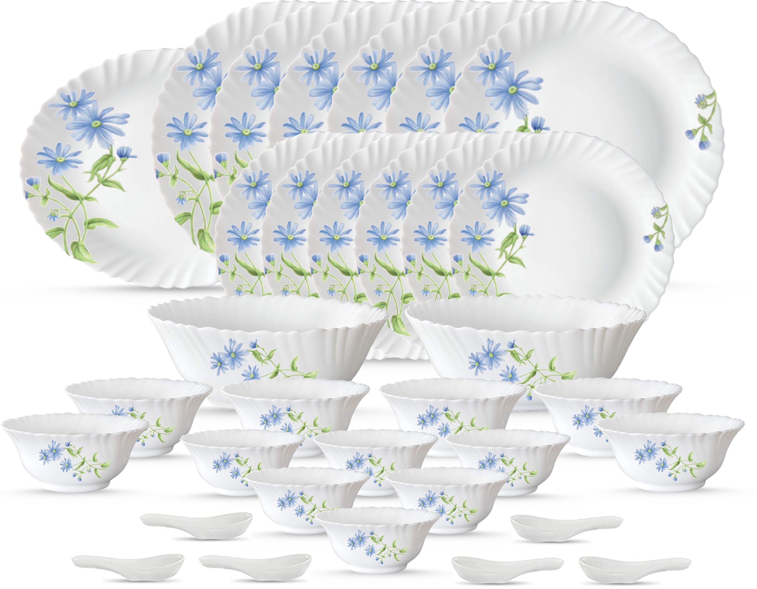 Pack of 33 Opalware Diva Classique Blue Daisy super light & White, 100% Hygienic & Dishwasher safe Dinner Set-image-2