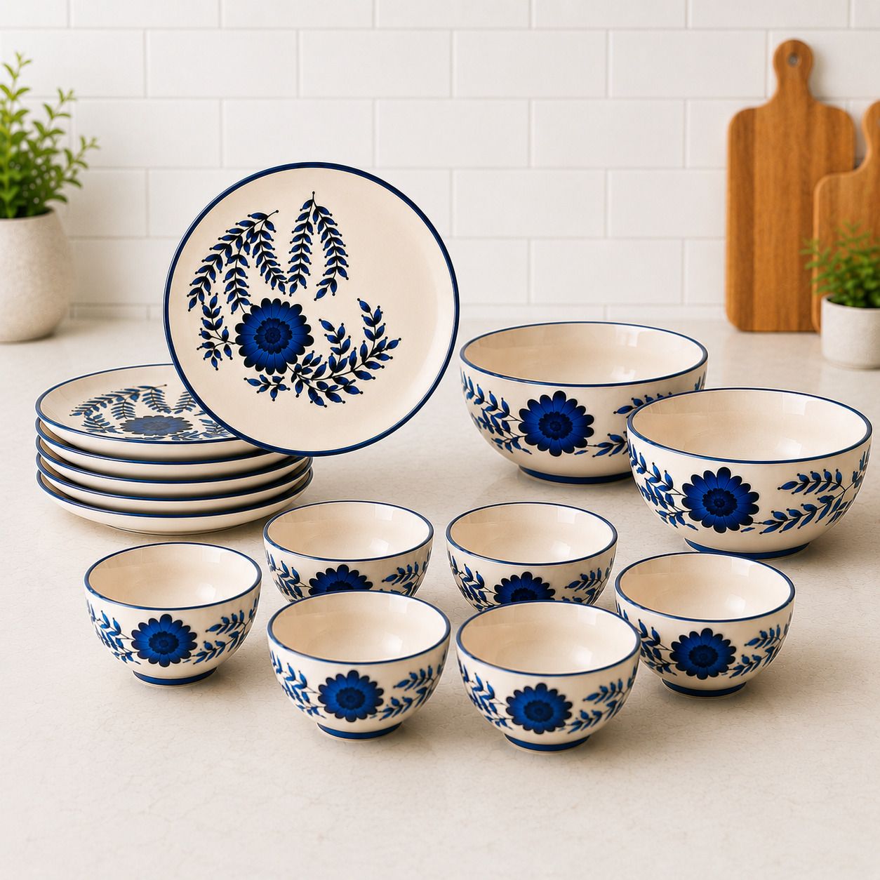nestcase Pack of 14 Ceramic Floral Blue Stoneware Dinner Set | 6 Plates, 6 Bowls & 2 Serving Bowls | Dinner Set-picture-21
