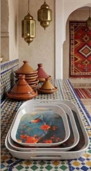 Pack of 3 Melamin Bird & Floral Melamine Tray Set Dinner Set-image-42