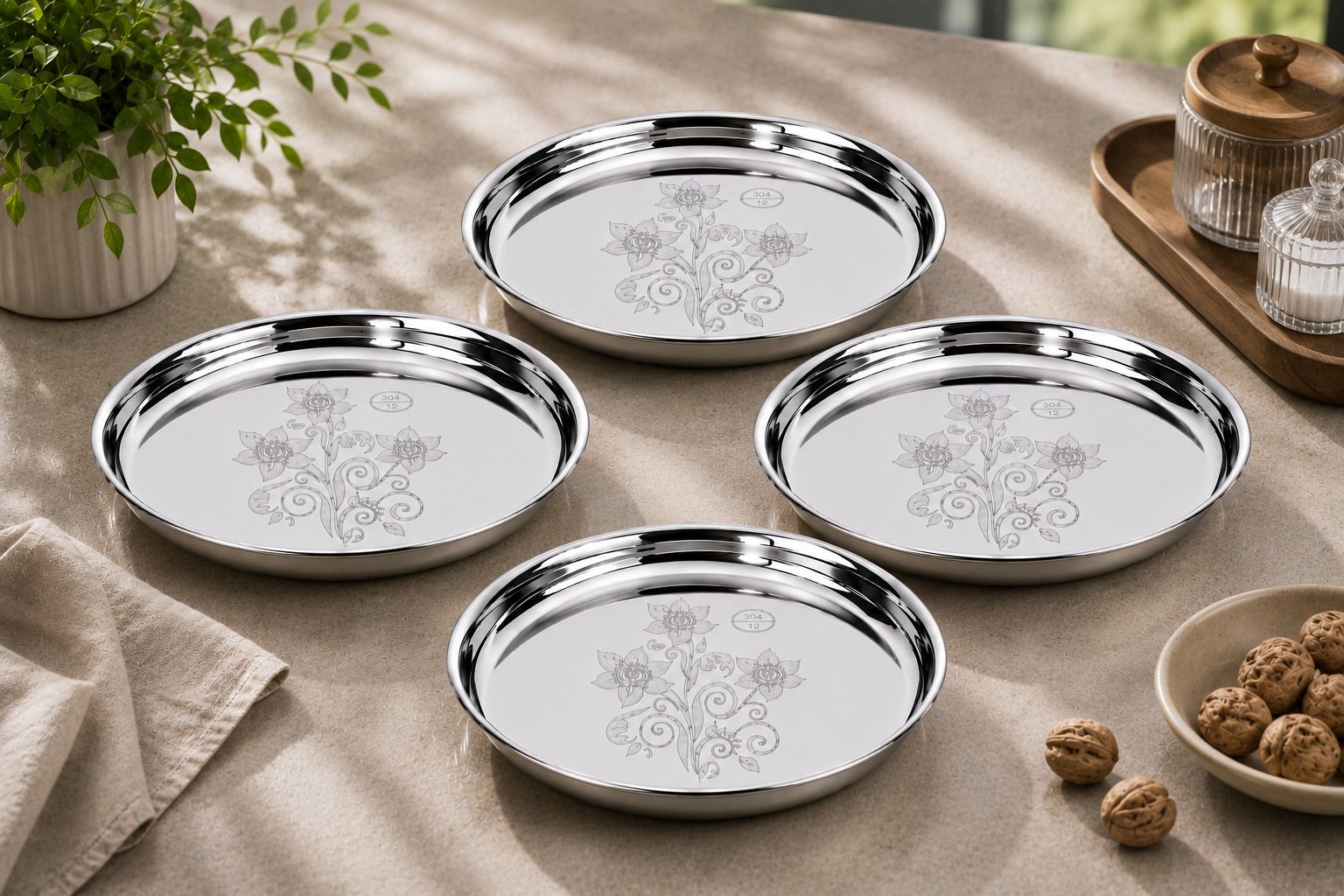 gptrade Pack of 4 Stainless Steel Dinnerware Plate set of 4 plates | Mirror Finish | 12 Inch Dinner Set-picture-19