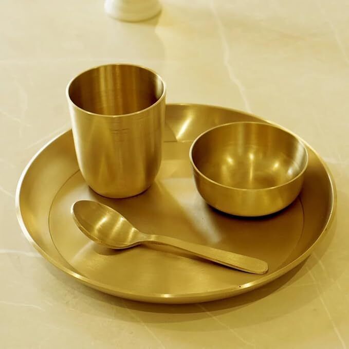 Brass Pure Kansa Bronze Dinner Set with Thali Plate, Glass, Bowl and Spoon Dinner Set-image-23
