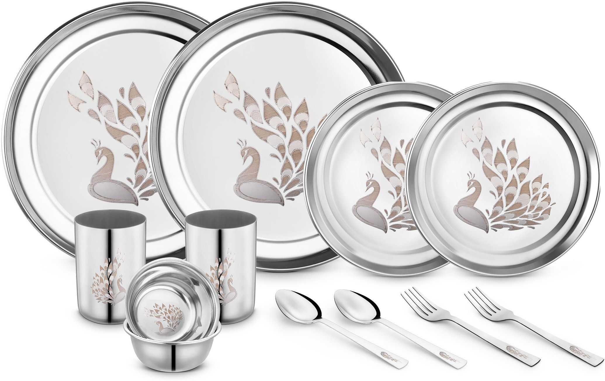 classic essentials Pack of 12 Stainless Steel Dinner Set|Serves 2 People|Heavy Gauge|Kitchen Set|Permanent Laser-Peacock Dinner Set-picture-19