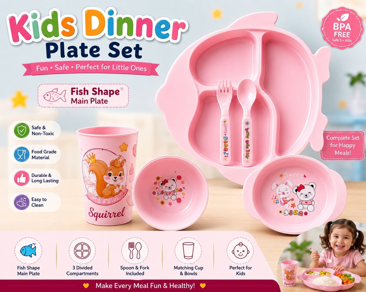 Pack of 6 Plastic Dinnerset For Kids Fish Shape BPA FREE Dinner Set-image-40