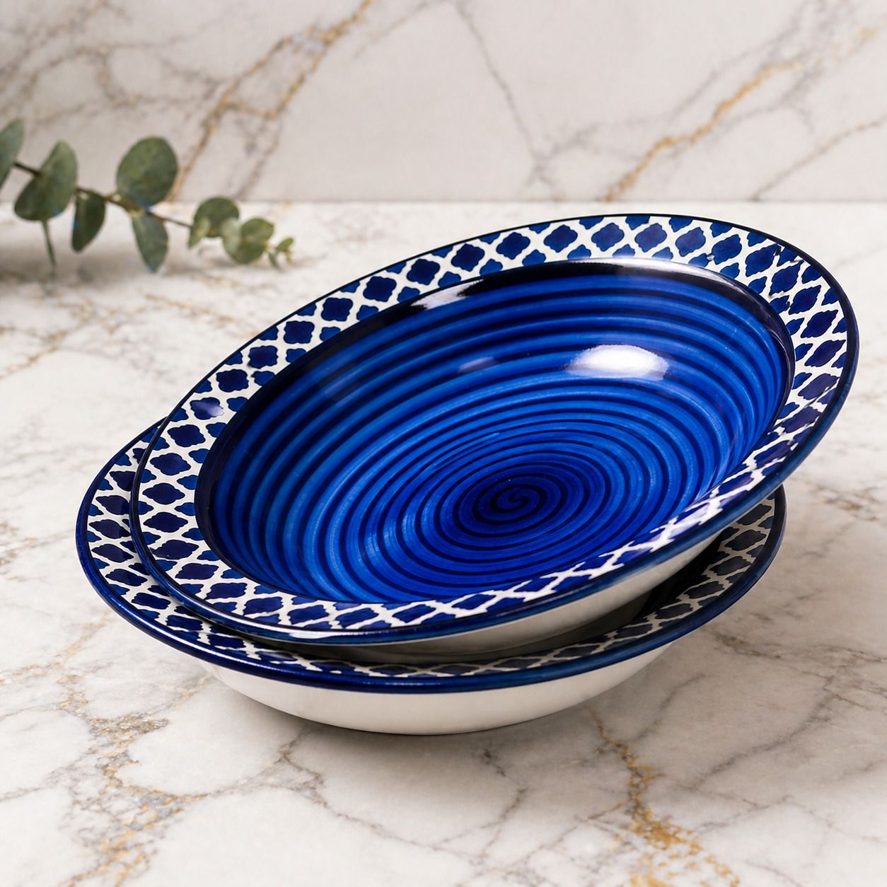 Pack of 2 Ceramic Blue Spiral Soup Plate Set of 2 Dinner Set-image-30
